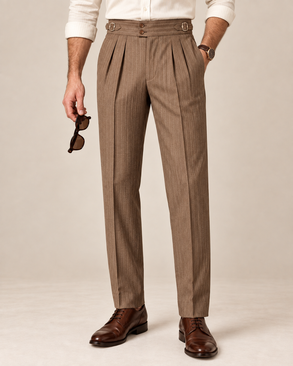 The Bracken — Men's Brown Pinstripe Double-Pleated Gurkha Pant