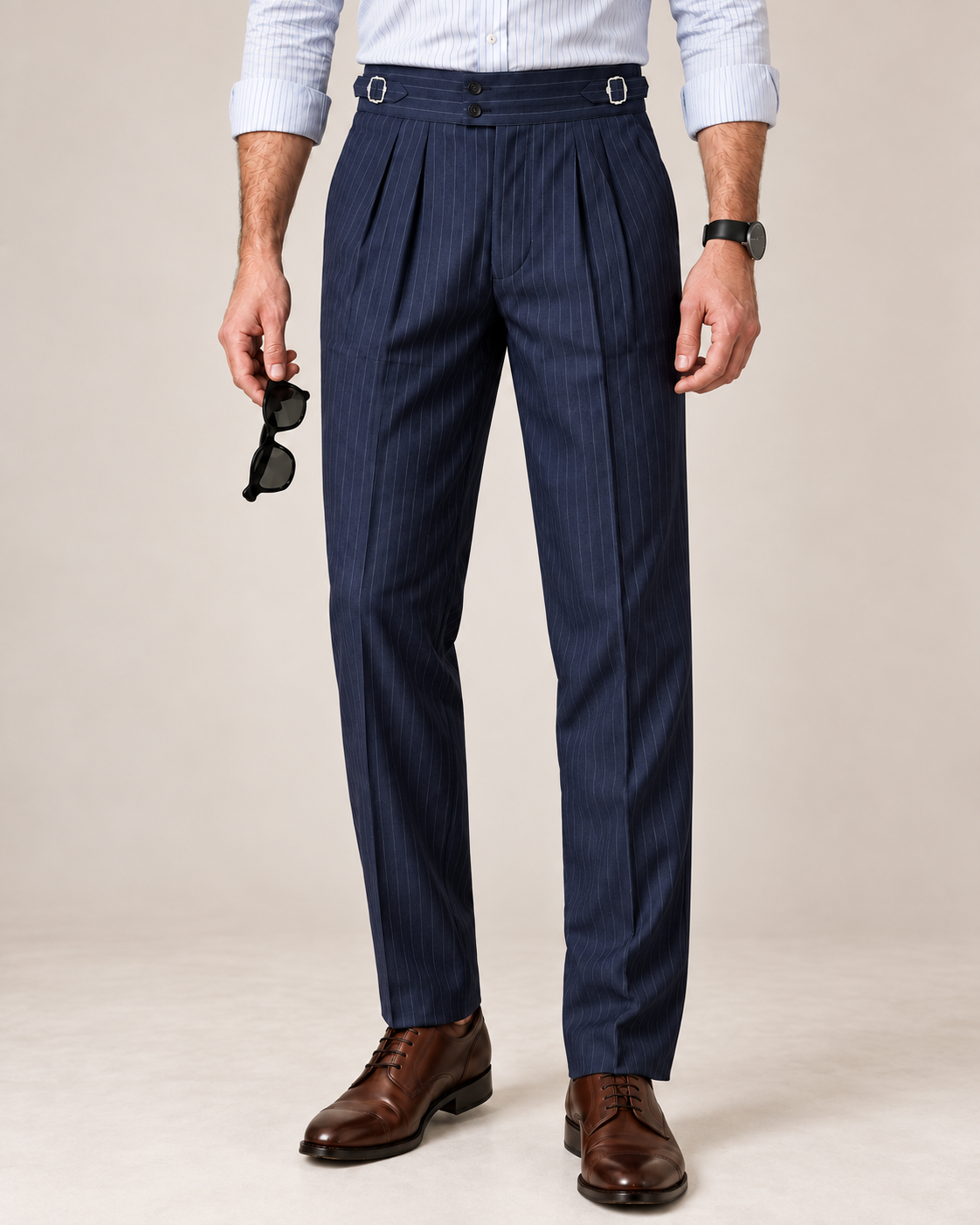 The Admiral — Men's Navy Pinstripe Double-Pleated Gurkha Pant