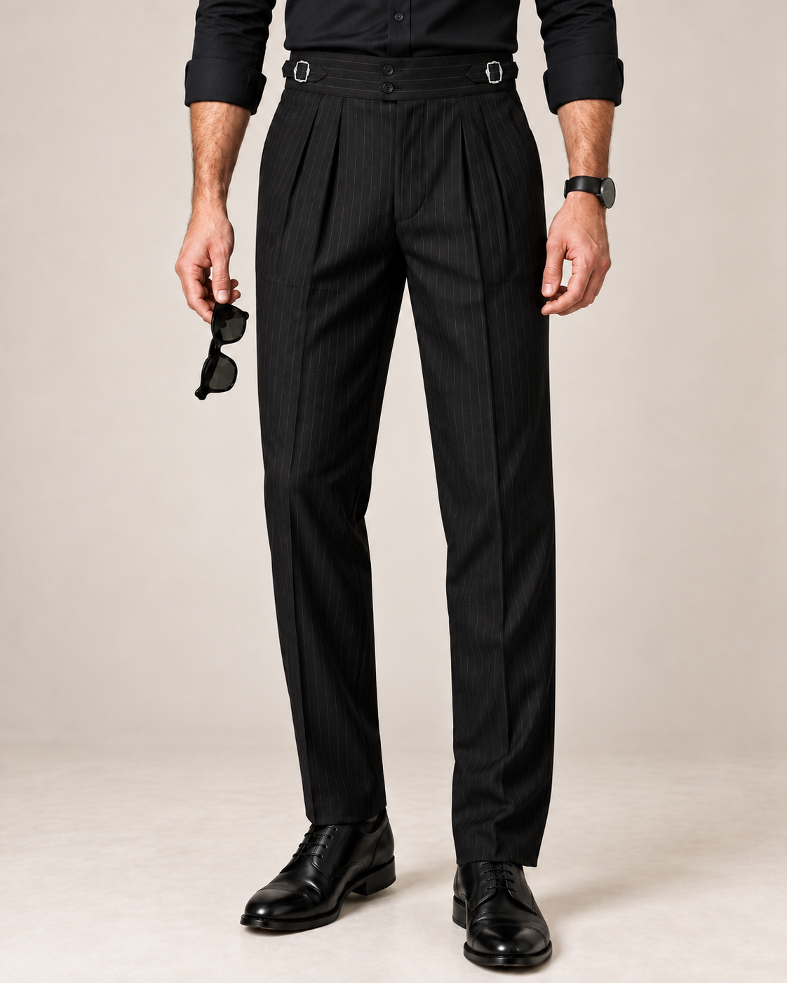 The Eclipse — Men's Black Pinstripe Double-Pleated Gurkha Pant