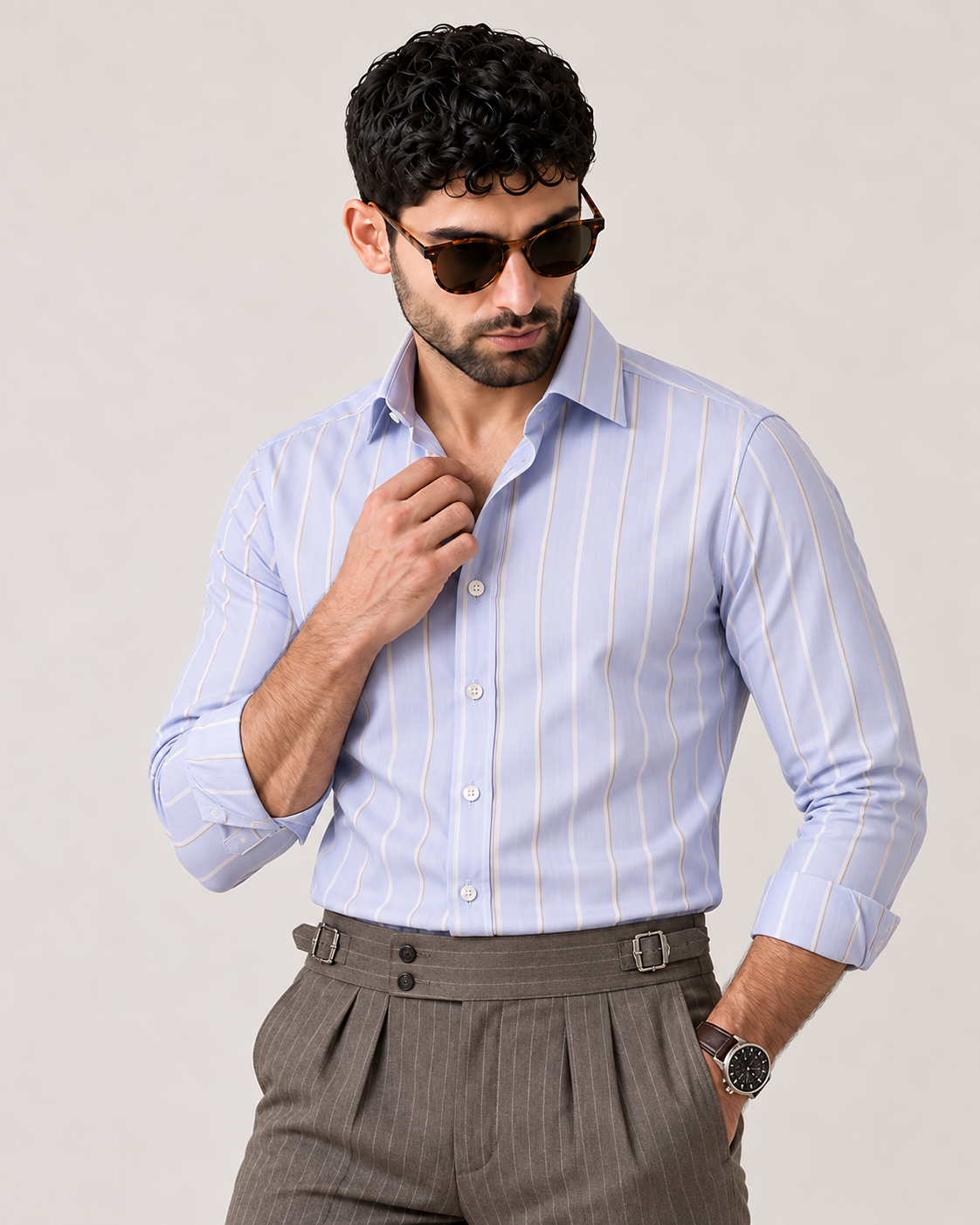 The Como — Men’s Powder Blue Stripe Cotton Stretch Dress Shirt