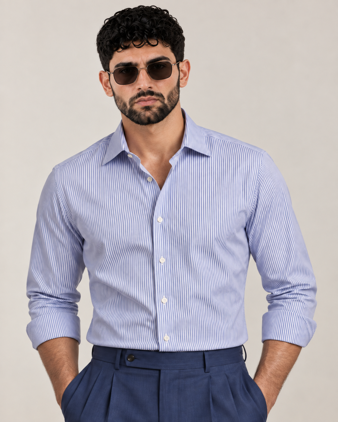 The Verona — Men’s White & Blue Fine Stripe Dress Shirt