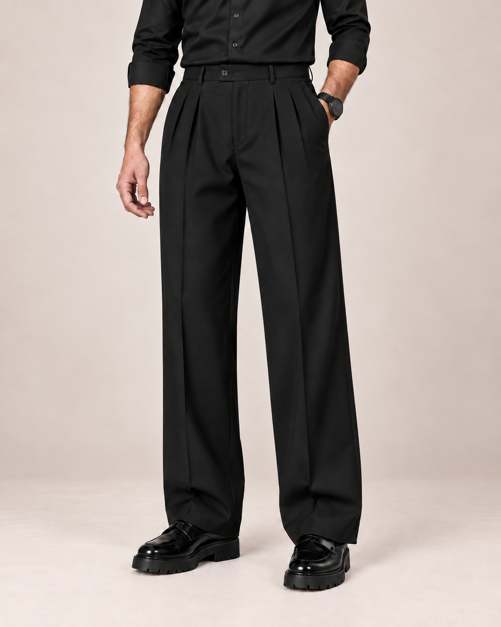 The Onyx — Men's Korean Black Double Pleated Wide-Leg Pant