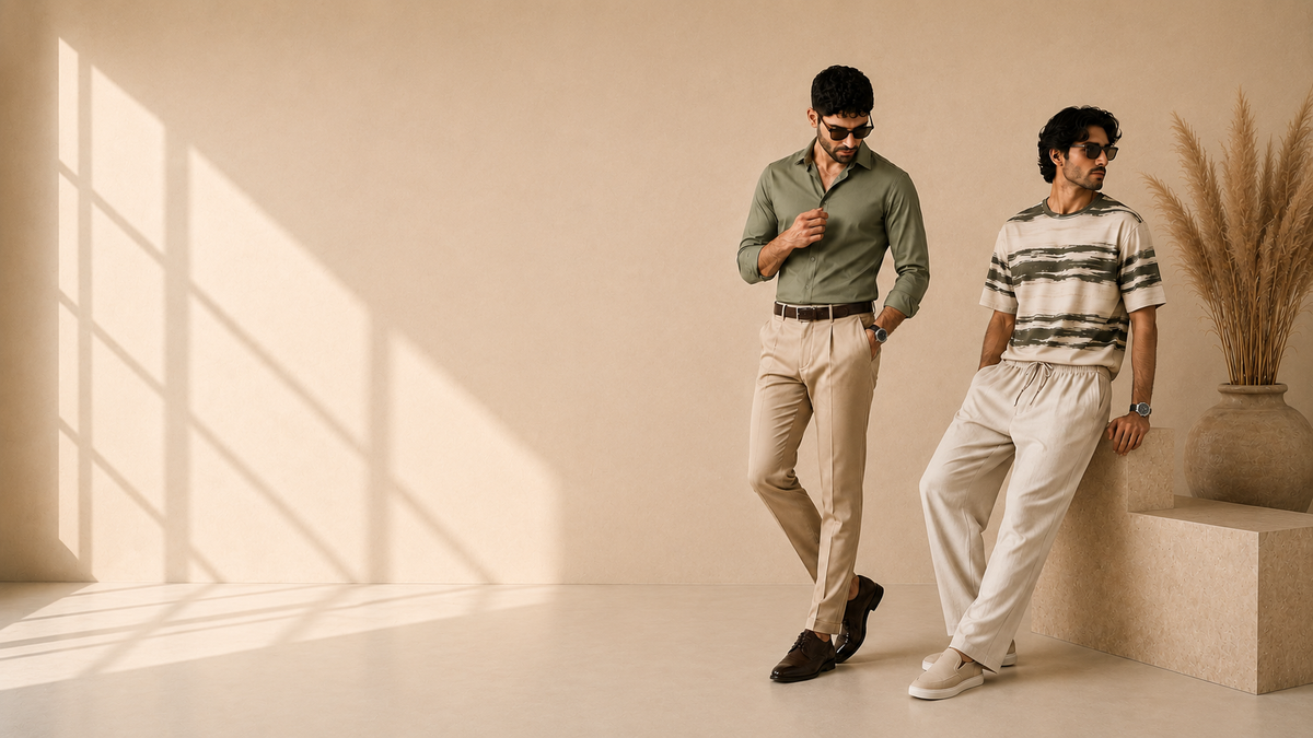 Kaamil coordinated menswear in a warm-toned studio