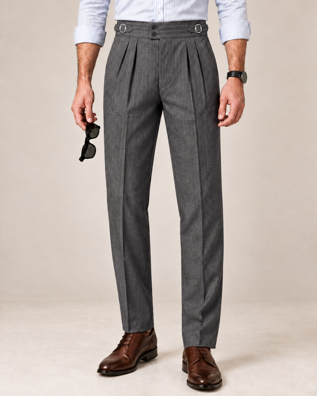 The Graphite — Men's Dark Grey Pinstripe Double-Pleated Gurkha Pant