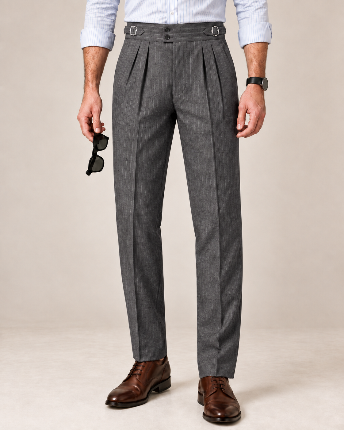 The Graphite — Men's Dark Grey Pinstripe Double-Pleated Gurkha Pant