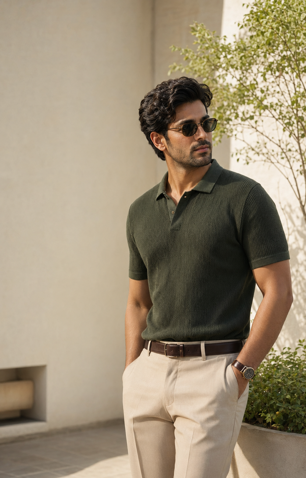 Kaamil casual pair with an olive knit polo and beige trousers