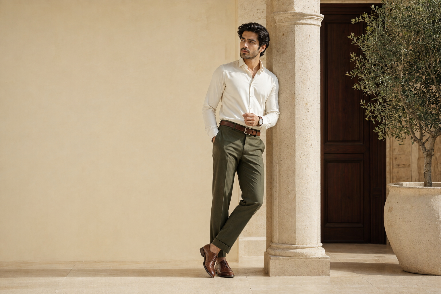 Kaamil complete menswear look in warm ivory and deep olive