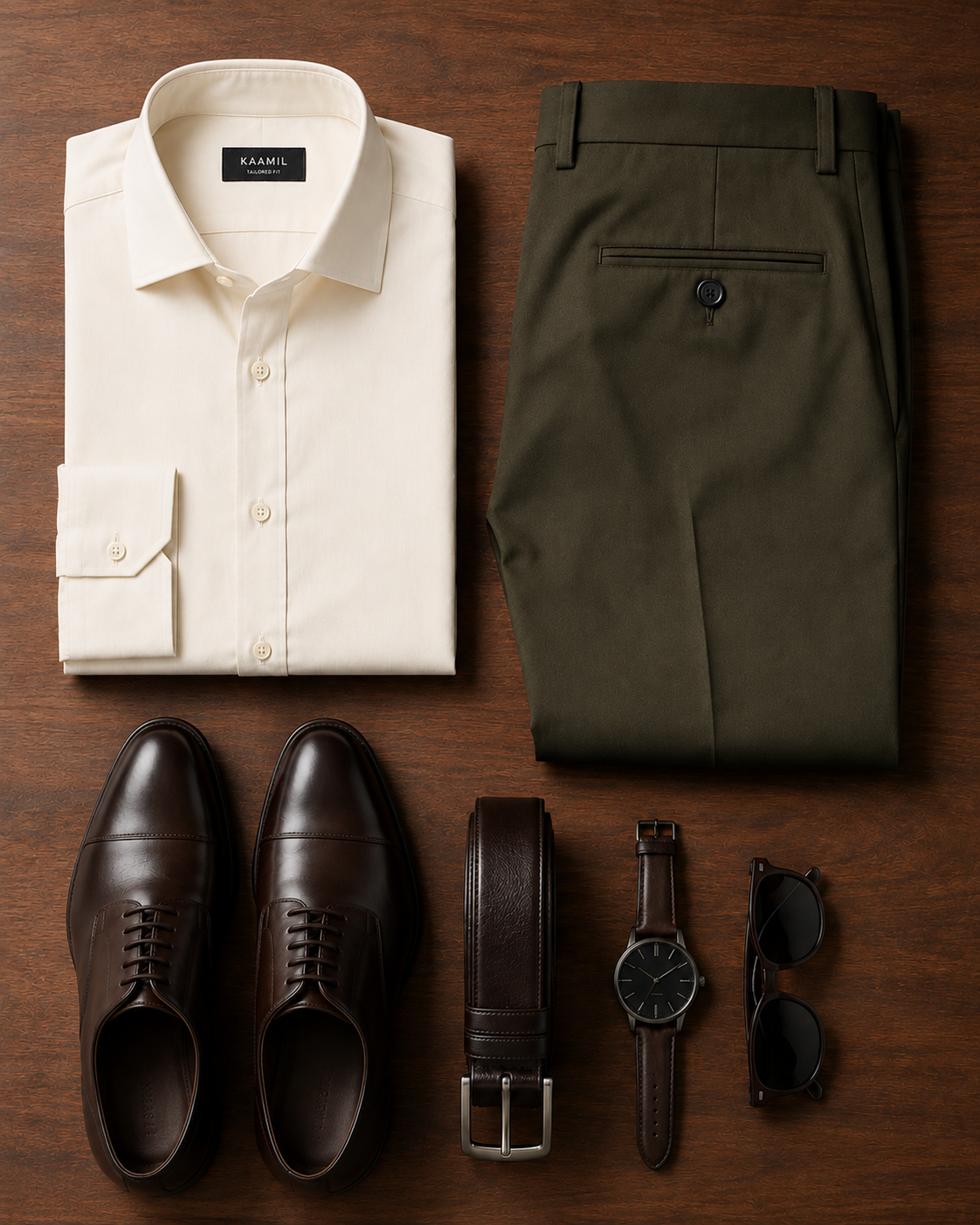 The Kaamil Signature - Warm Ivory Shirt & Deep Olive Dress Pant