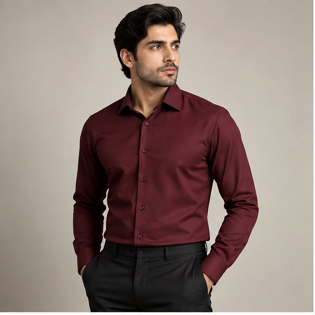The Bordeaux wine red men's dress shirt front three-quarter view