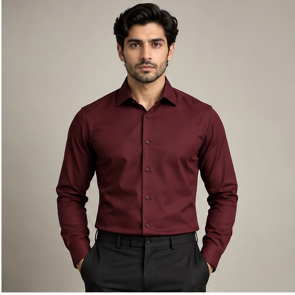 The Bordeaux wine red men's dress shirt front view