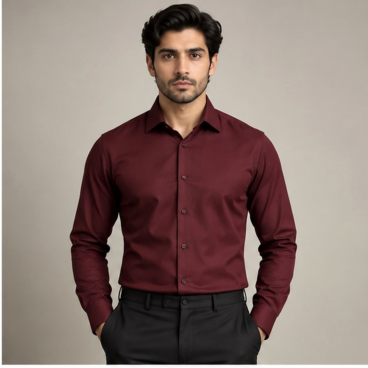 The Bordeaux wine red men's dress shirt front view