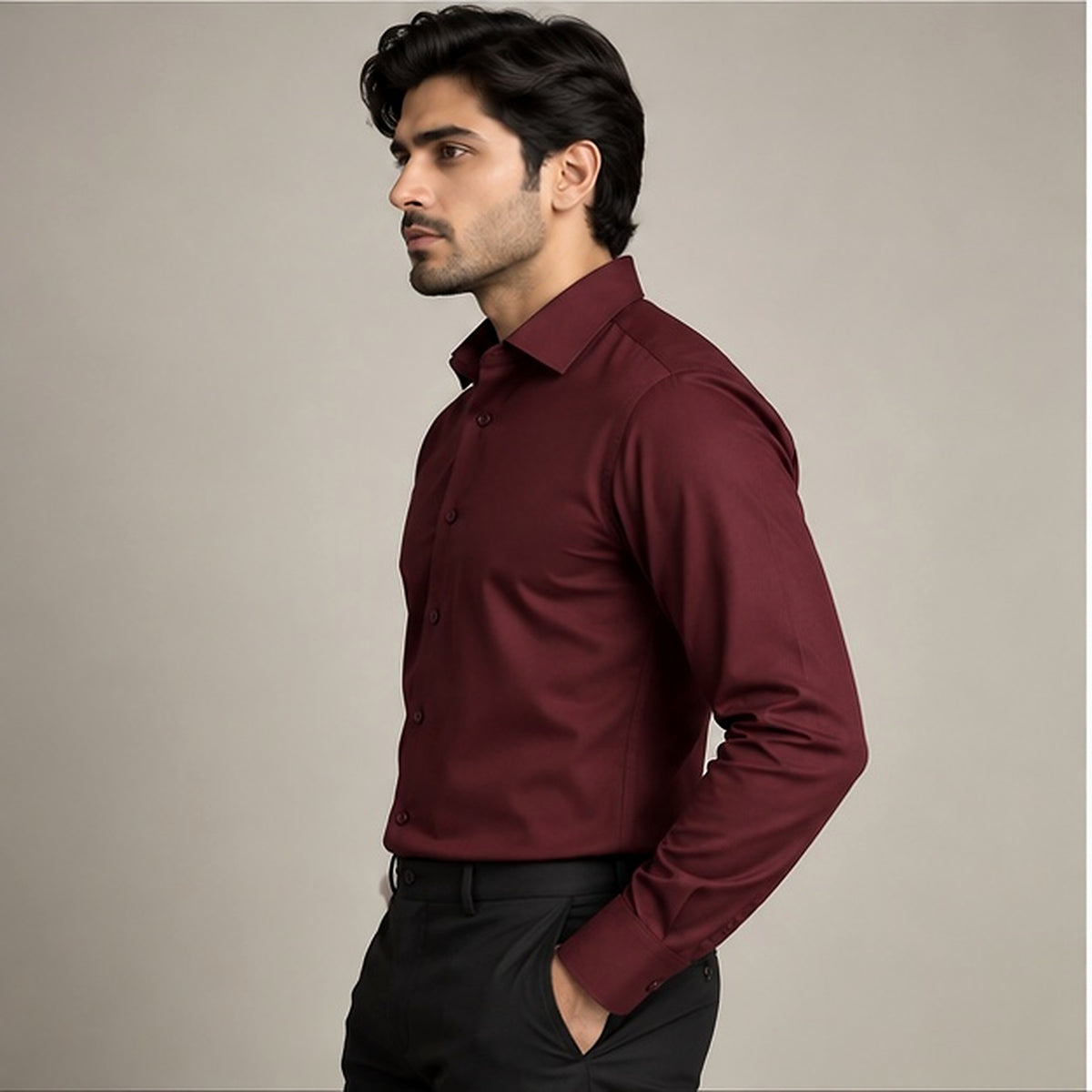 The Bordeaux wine red men's dress shirt side view