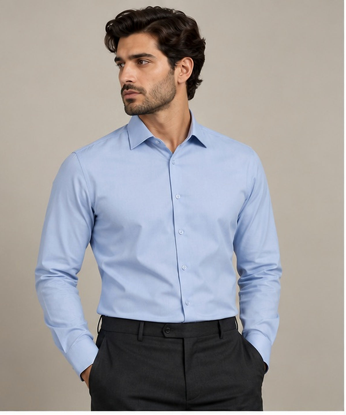 The Cambridge sky blue men's dress shirt front three-quarter view
