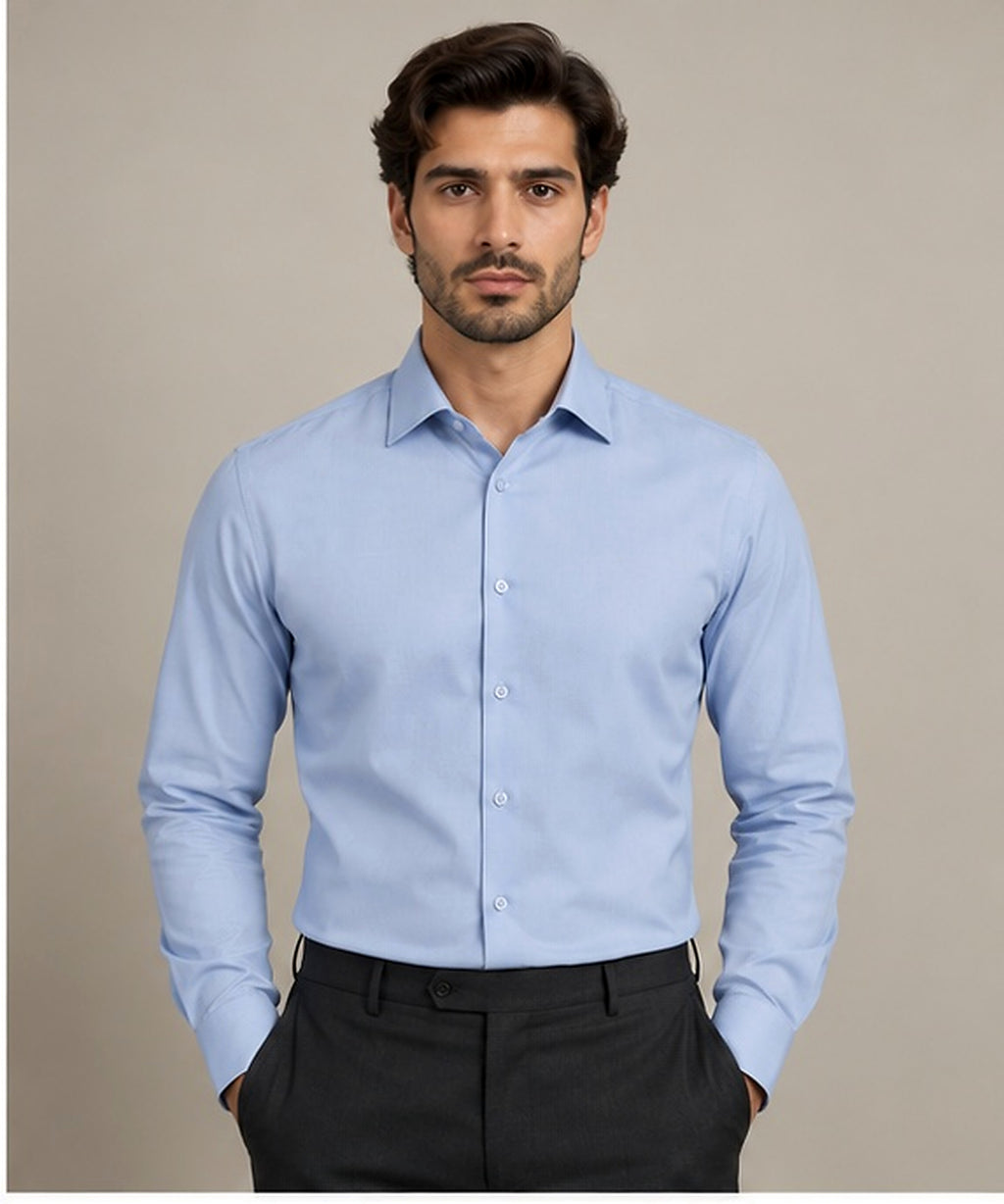The Cambridge sky blue men's dress shirt front view