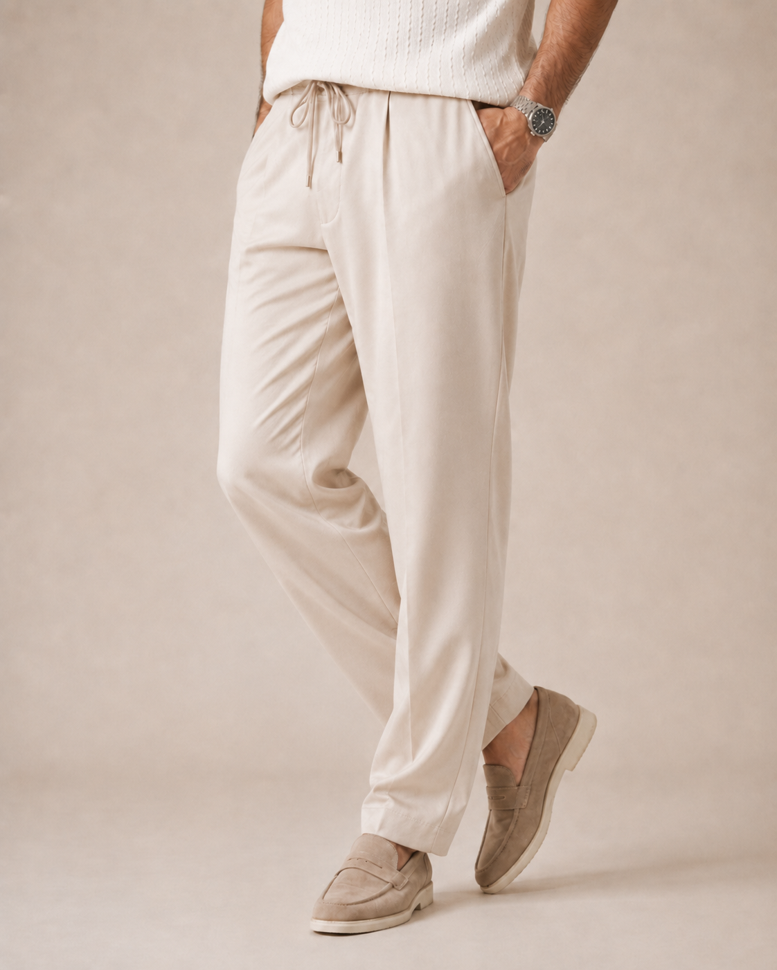 The Riviera ivory drawstring trousers
