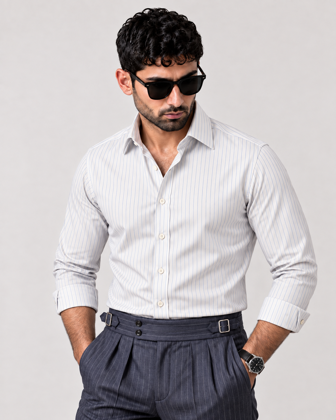 The Capri — Men’s White Fine Stripe Dress Shirt